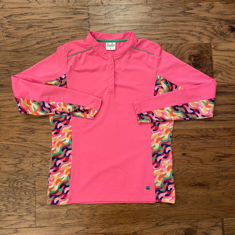 Birdies and Bows Golf Top Women Medium Pink Abstract Camo Mesh Long Sleeve Qtr